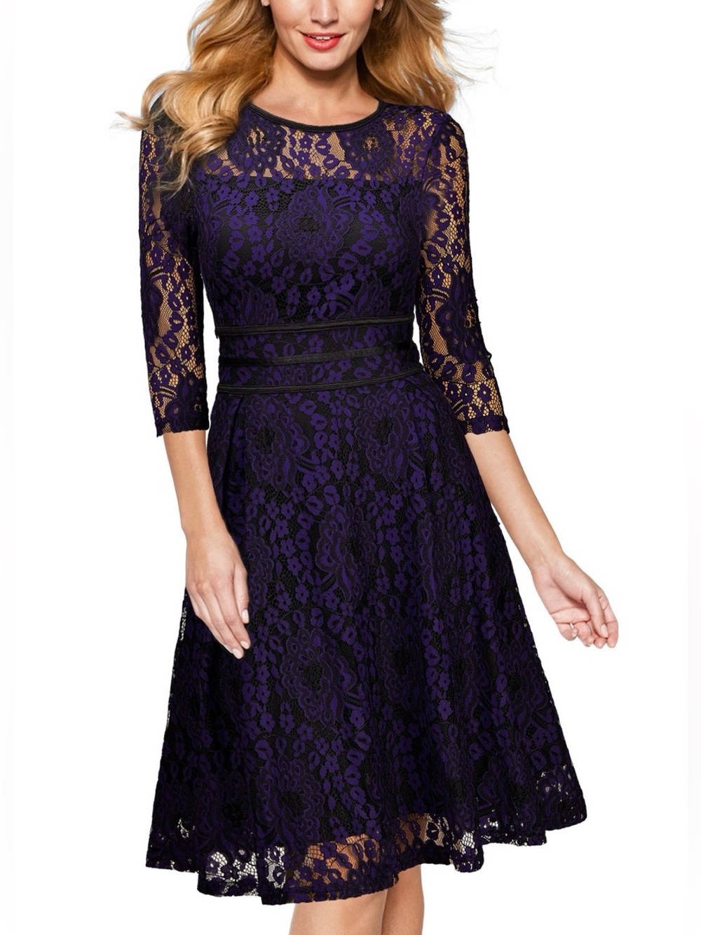 Miusol Purple Lace Midi Dress with 3/4 Sleeves